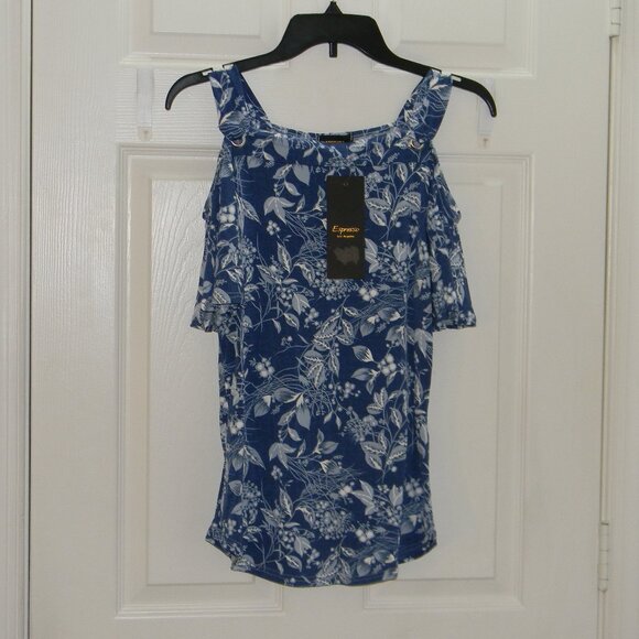 Espresso Los Angeles Blue White Print Cold Shoulder Top Womans Small NWT - Picture 5 of 6